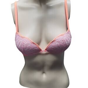 Victoria's Secret Pink & Bright Orange Lace Padded Demi No Wire Bra | 32A